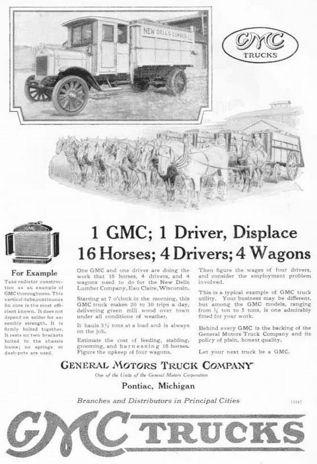 1919 GMC General Motors Trucks - 1 GMC 1 Driver Displace 16 Horses 4 Drivers 4 Wagons